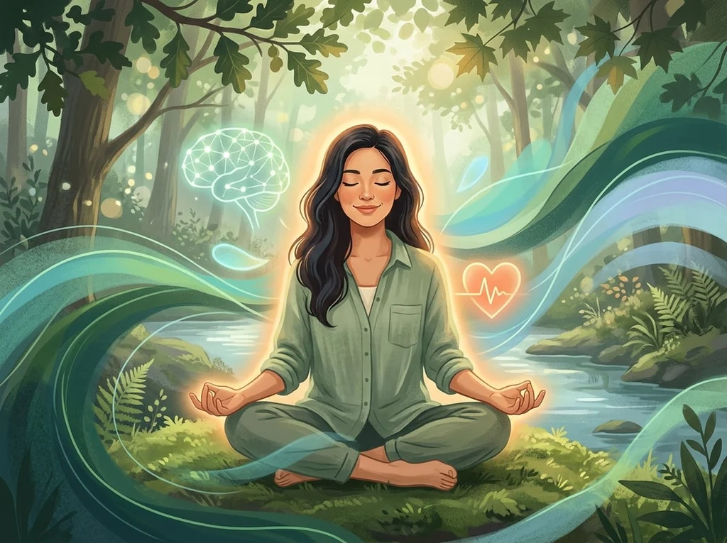 Illustration of a person meditating peacefully in a forest beside a stream