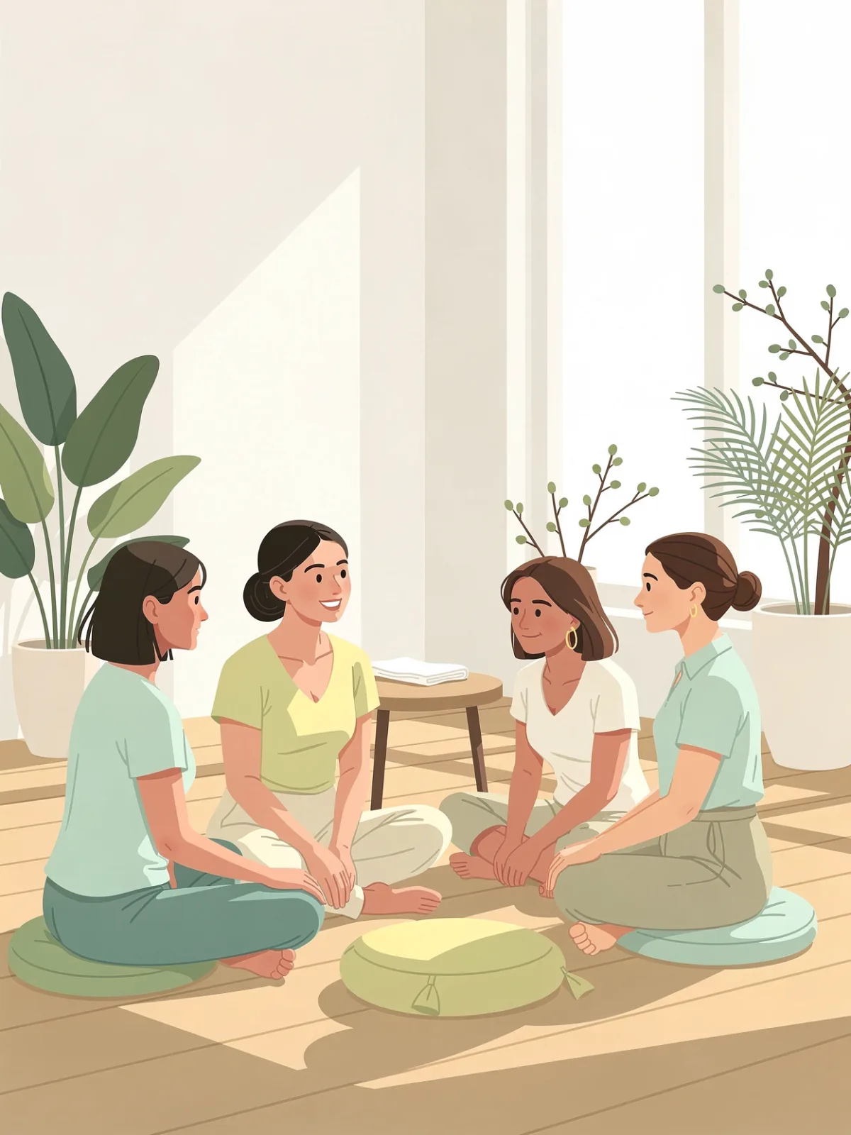 Illustration of four people sitting in a circle for a group support session