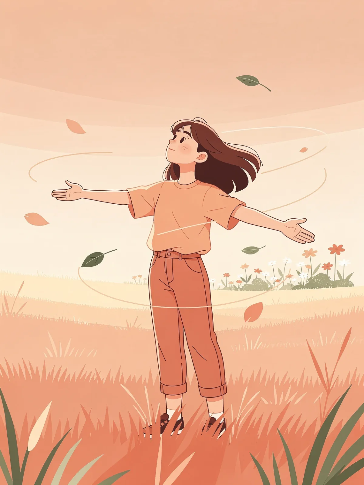 Illustration of a person with arms open in an autumn field, leaves in the wind