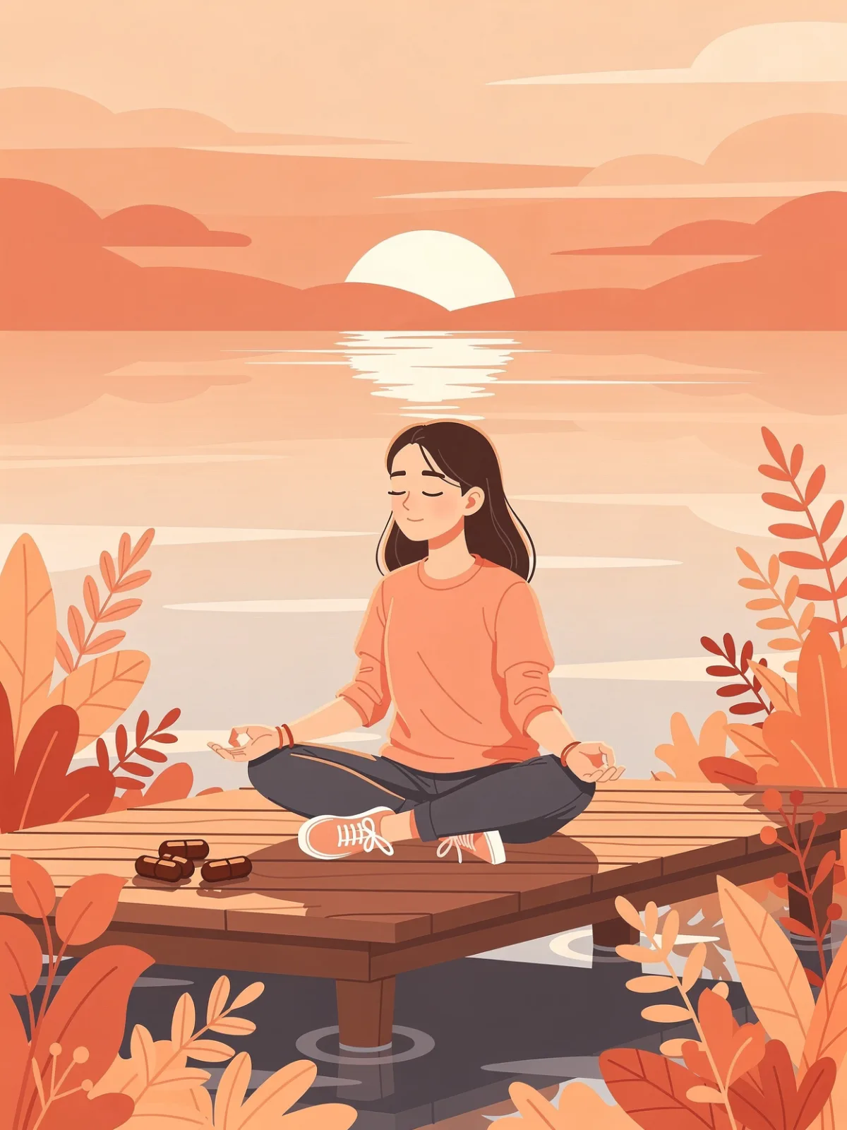 Illustration of a person meditating on a dock among autumn leaves at sunset